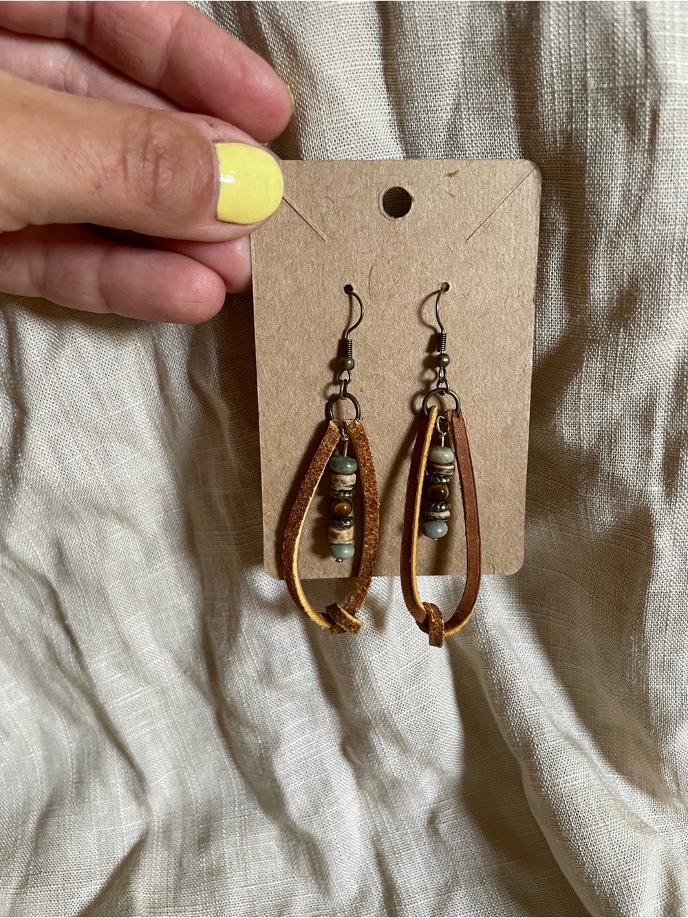 One Of a Kind Handmade Brown Leather and Bead Drop Earrings